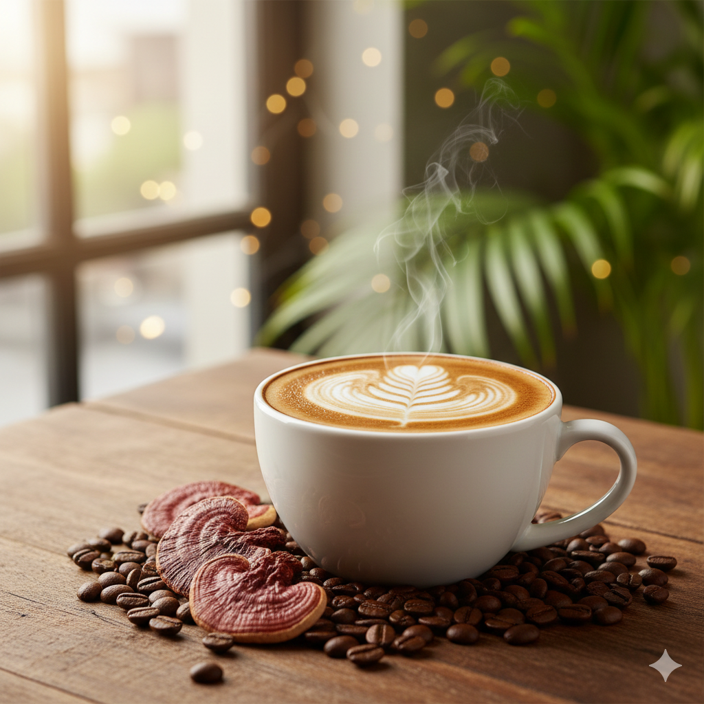 Taza de café gourmet con Ganoderma Lucidum y extracto de hongo hongo Reishi en mesa de madera - CafeWellGe